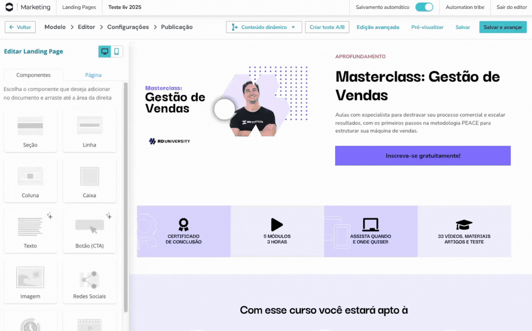 Fluxo de criação de LP com conteúdo dinâmico